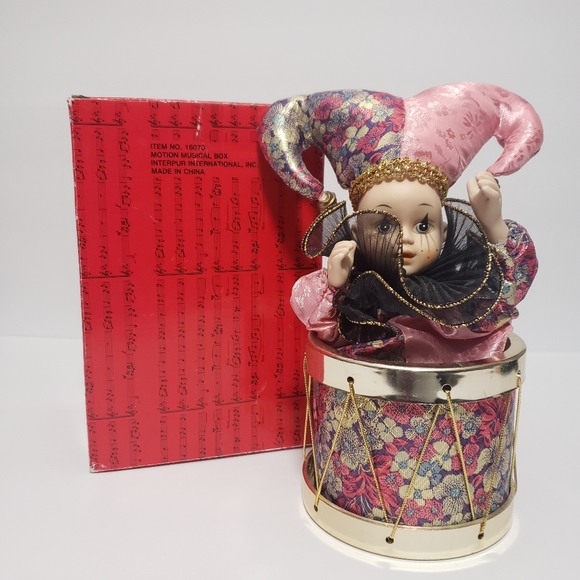 VTG Porcelain Harlequin Jester Clown In A Drum Animated Music Box "Toy Land" - Picture 6 of 11